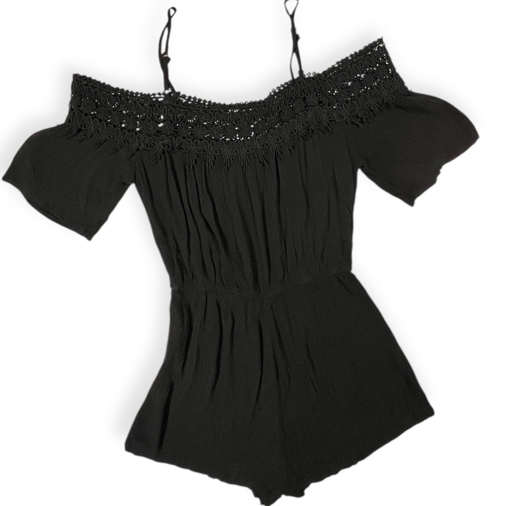 Women's Romper Med Black Off Shoulder Lace Crepe Dark Fairy‎ Whimsigoth Elastic
